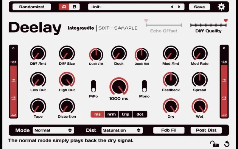 Sixth Sample Deelay — a free delay plugin showing Tape, Distortion and Diffusion controls