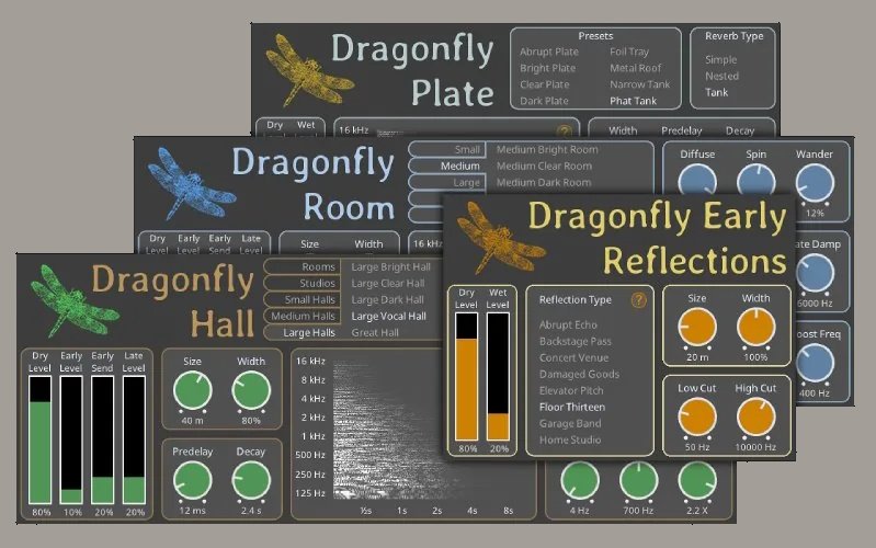 Dragonfly Reverb suite — Plate, Room, Hall and Early Reflections, with the Phat Tank preset